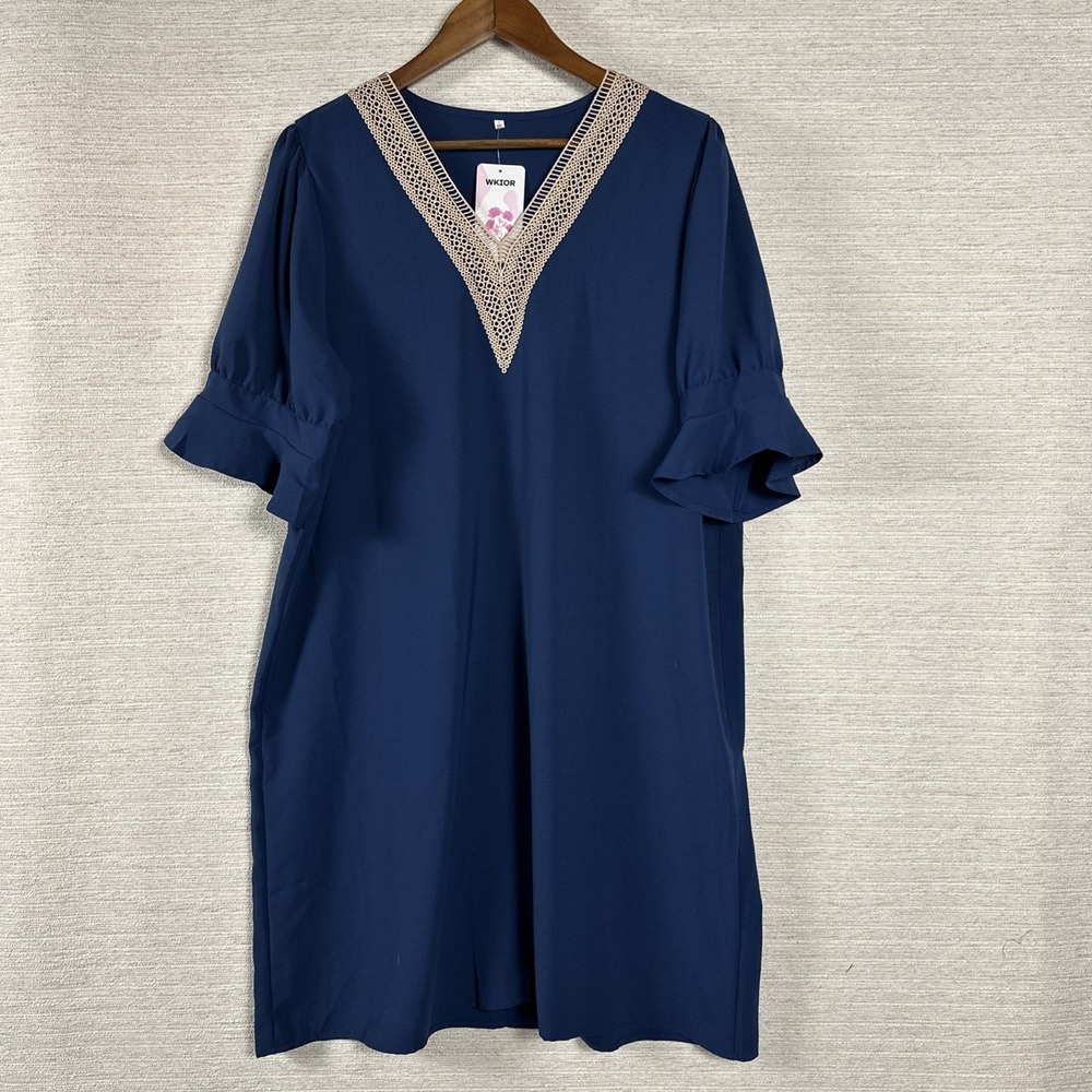 Blue Lace Trim Tunic Top Boho V Neck Flutter Sleeve Loose Fit Casual Blouse